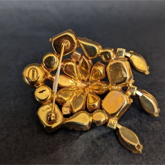 Vintage Brooch KRAMER 1960s Amber & Aurora Borealis Crystal Goldtone Jewellery - Picture 3 of 6